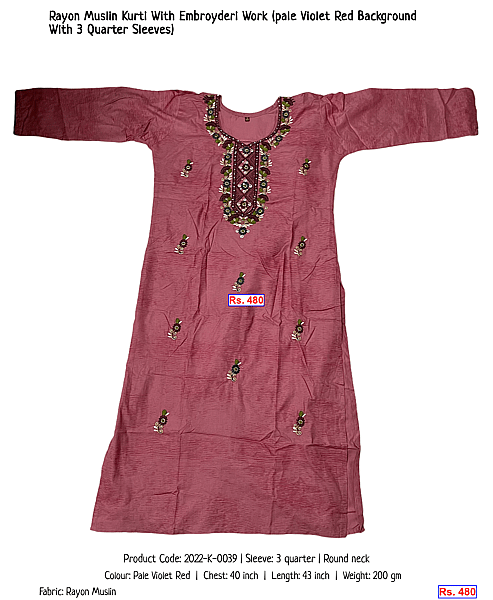 51-rayon-muslin-kurti-with-embroyderi-work-pale-violet-red-background-with-3-quarter-sleeves | Rs. 480