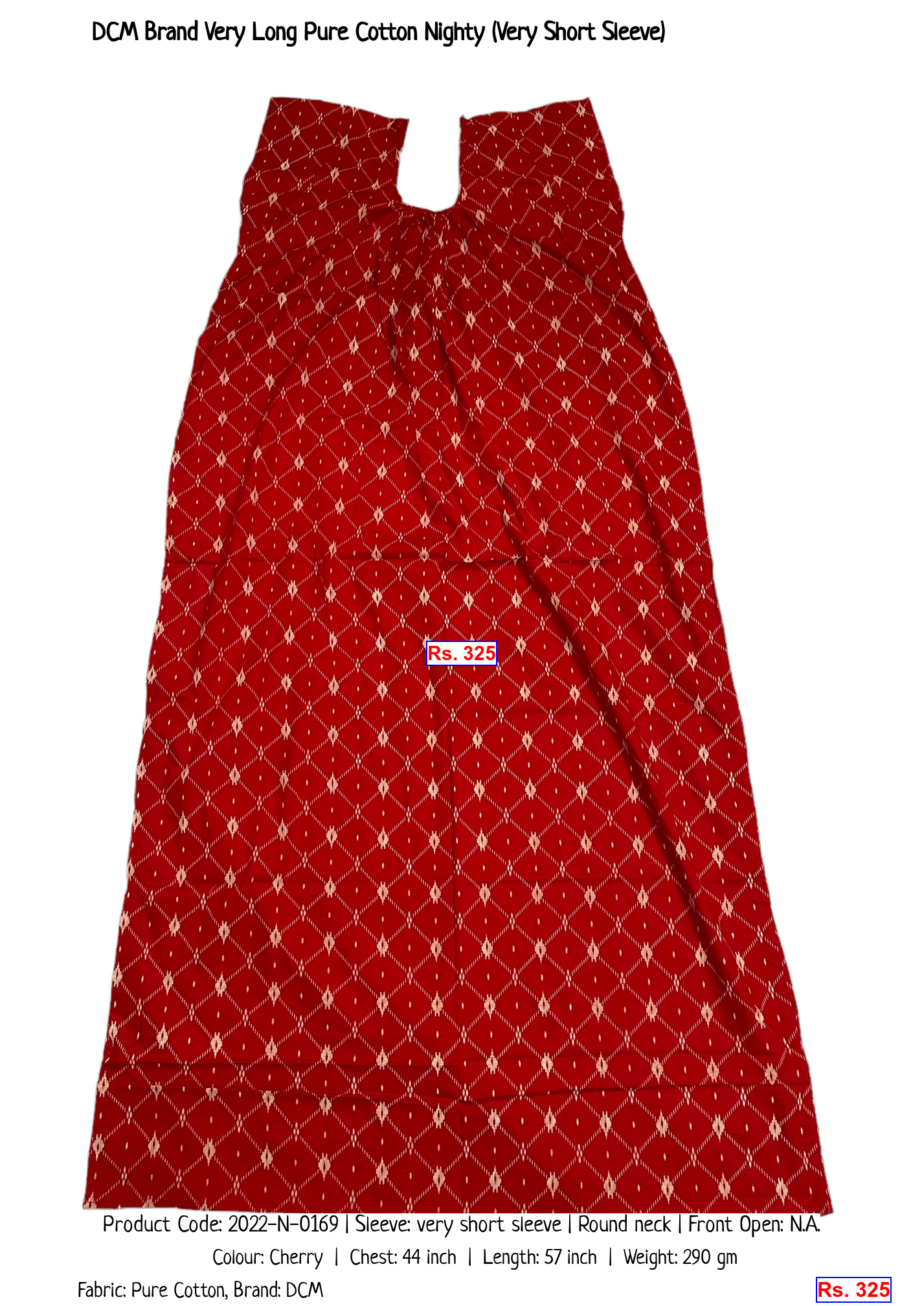 DCM Brand Very Long Pure Cotton Nighty (Very Short Sleeve)