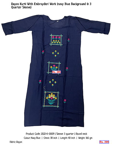 23-rayon-kurti-with-embroyderi-work-navy-blue-background-3-quarter-sleeve | Rs. 205
