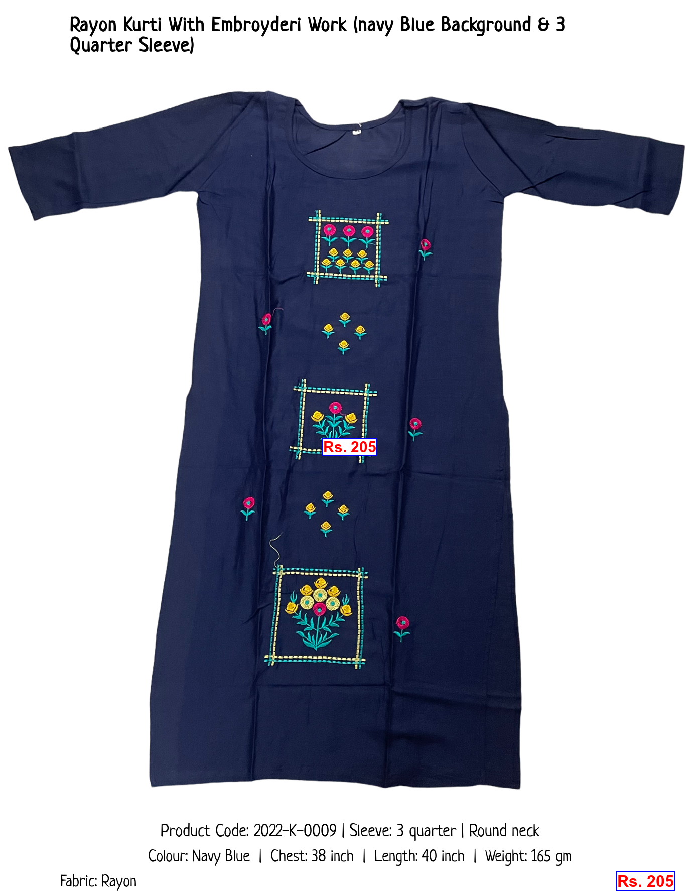 Rayon Kurti With Embroyderi Work (navy Blue Background & 3 Quarter Sleeve)