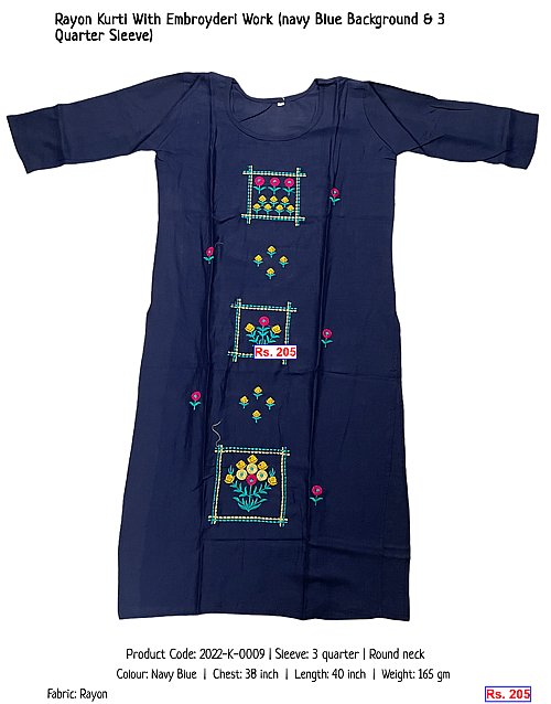 Rayon Kurti With Embroyderi Work (navy Blue Background & 3 Quarter Sleeve) | Rs. 205