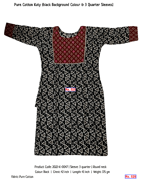 59-pure-cotton-kuty-black-background-colour-3-quarter-sleeves | Rs. 525