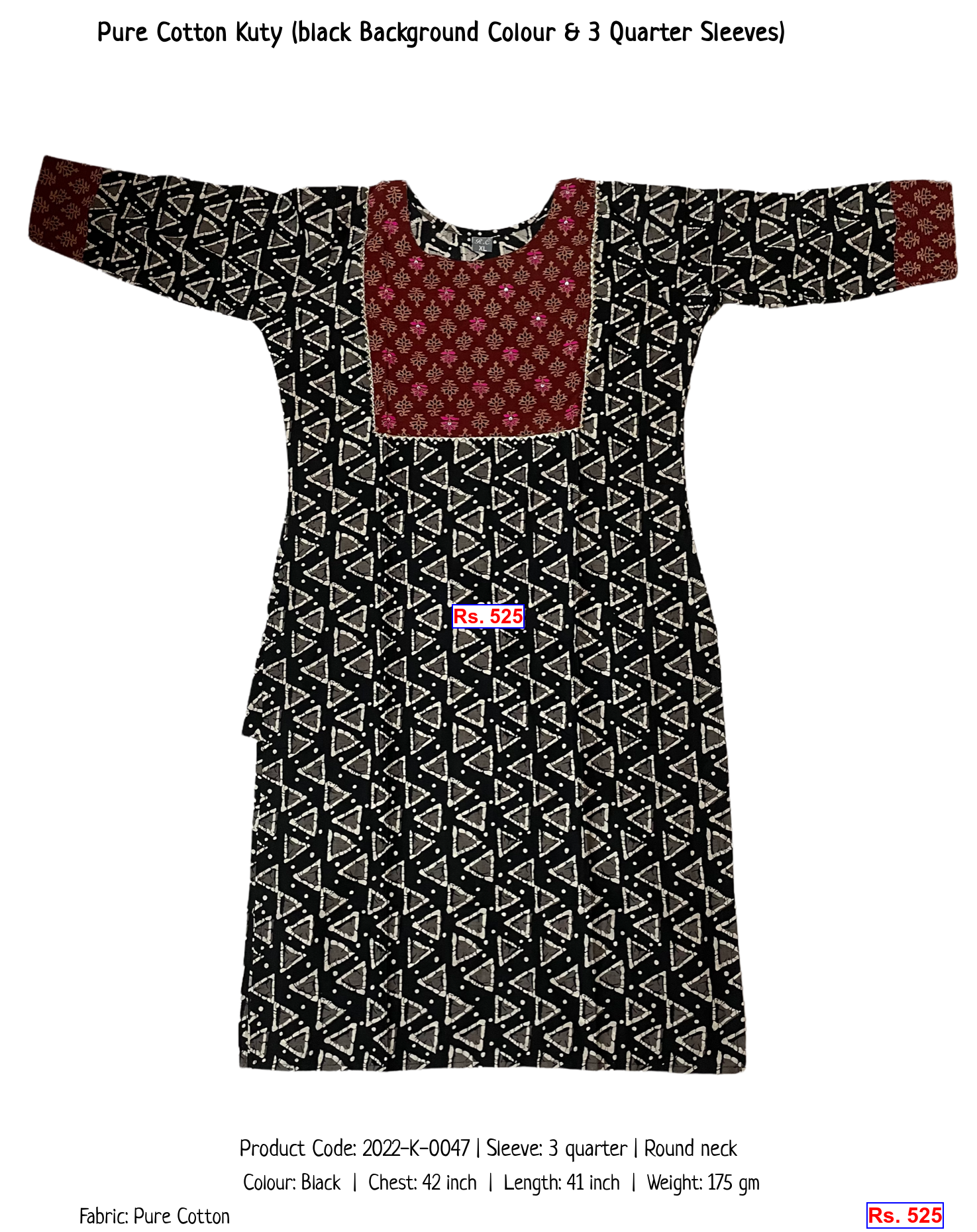 Pure Cotton Kuty (black Background Colour & 3 Quarter Sleeves)