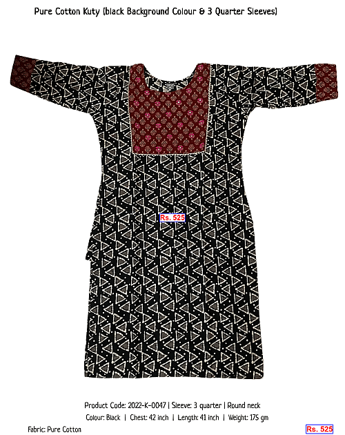 Pure Cotton Kuty (black Background Colour & 3 Quarter Sleeves) | Rs. 525