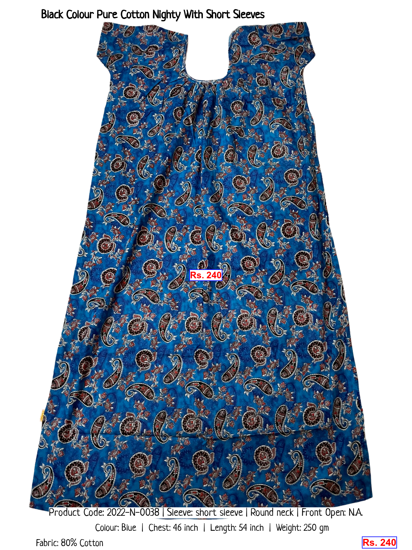 Black Colour Pure Cotton Nighty With Short Sleeves