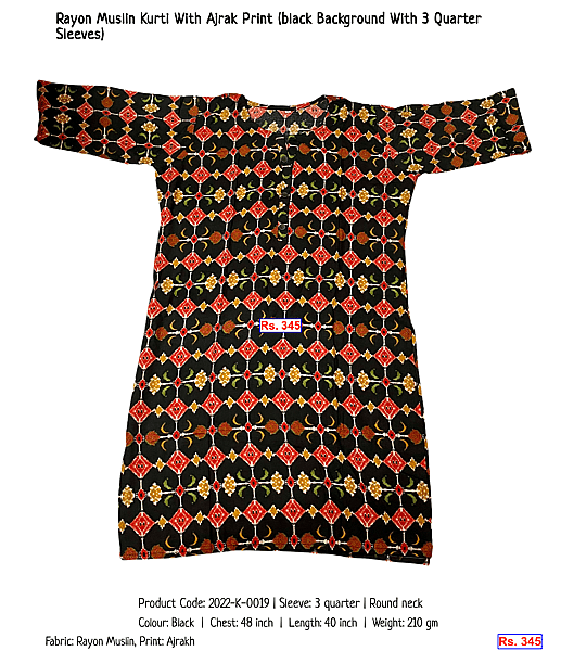 32-rayon-muslin-kurti-with-ajrak-print-black-background-with-3-quarter-sleeves | Rs. 345
