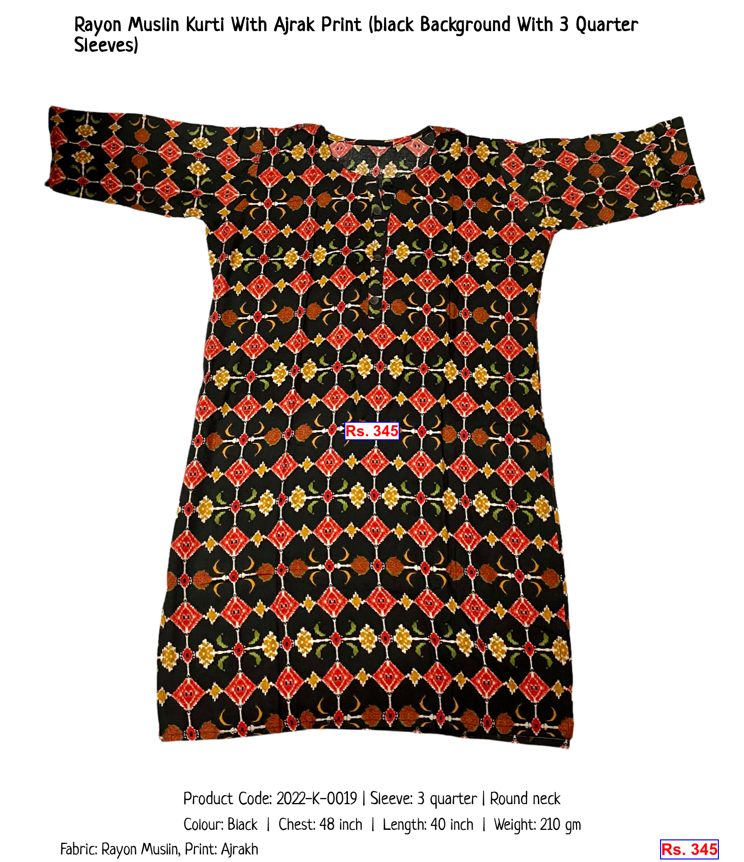 Rayon Muslin Kurti With Ajrak Print (black Background With 3 Quarter Sleeves)