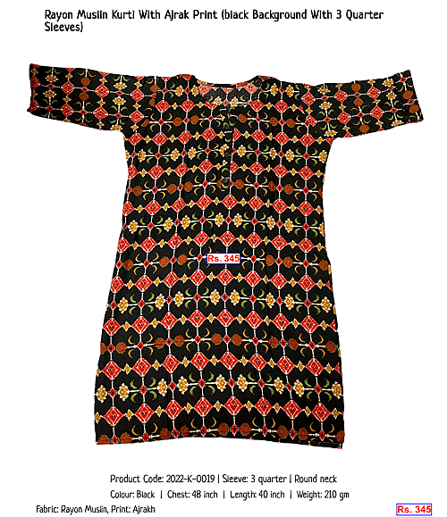 Rayon Muslin Kurti With Ajrak Print (black Background With 3 Quarter Sleeves) | Rs. 345