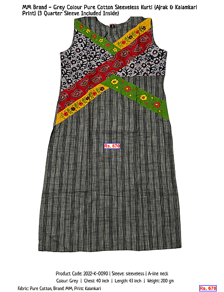 234-mm-brand-grey-colour-pure-cotton-sleeveless-kurti-ajrak-kalamkari-print-3-quarter-sleeve-included-inside | Rs. 670