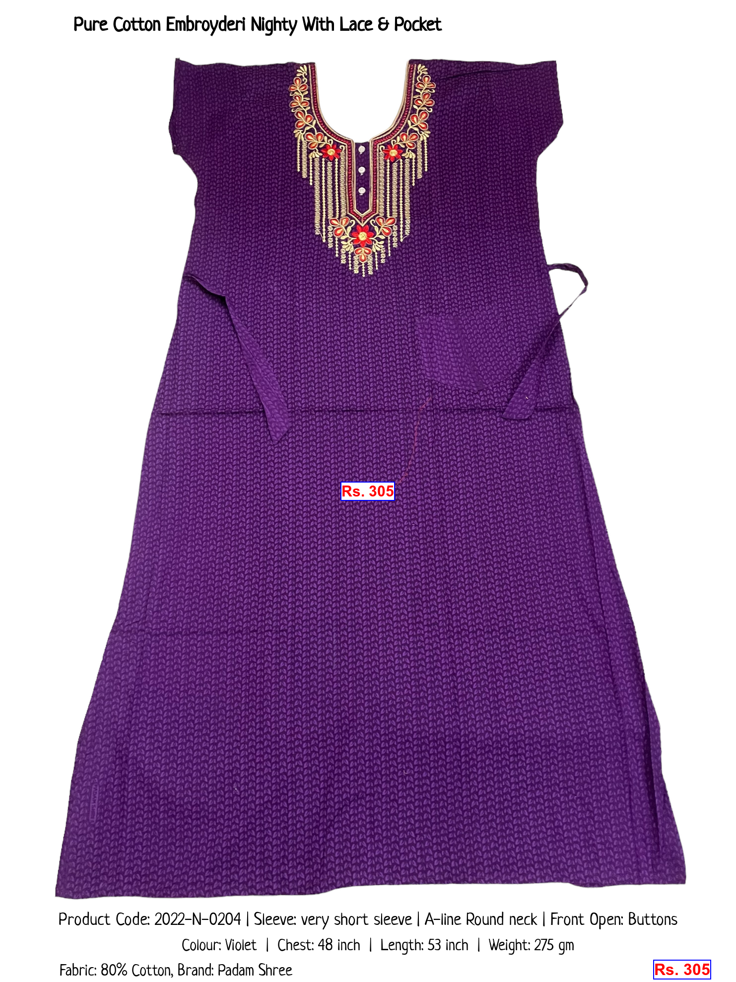 Pure Cotton Embroyderi Nighty With Lace & Pocket