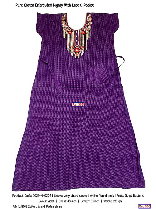 Pure Cotton Embroyderi Nighty With Lace & Pocket | Rs. 305