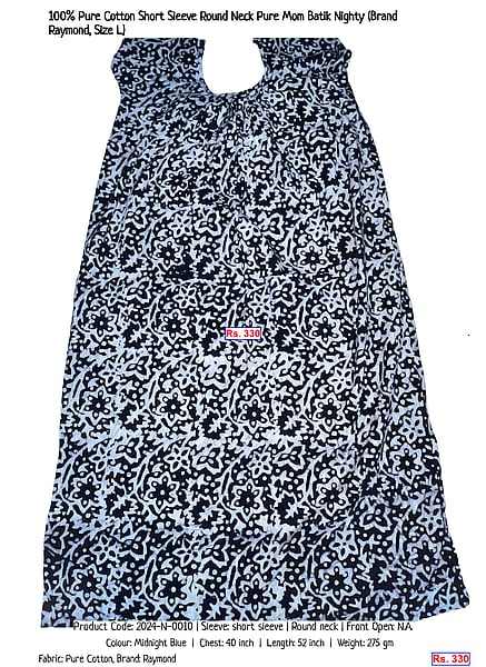 480-100-pure-cotton-short-sleeve-round-neck-pure-mom-batik-nighty-brand-raymond-size-l | Rs. 330
