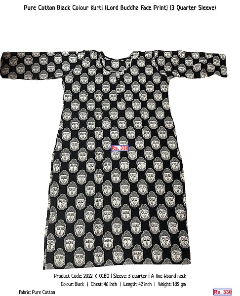 339-pure-cotton-black-colour-kurti-lord-buddha-face-print-3-quarter-sleeve | Rs. 330