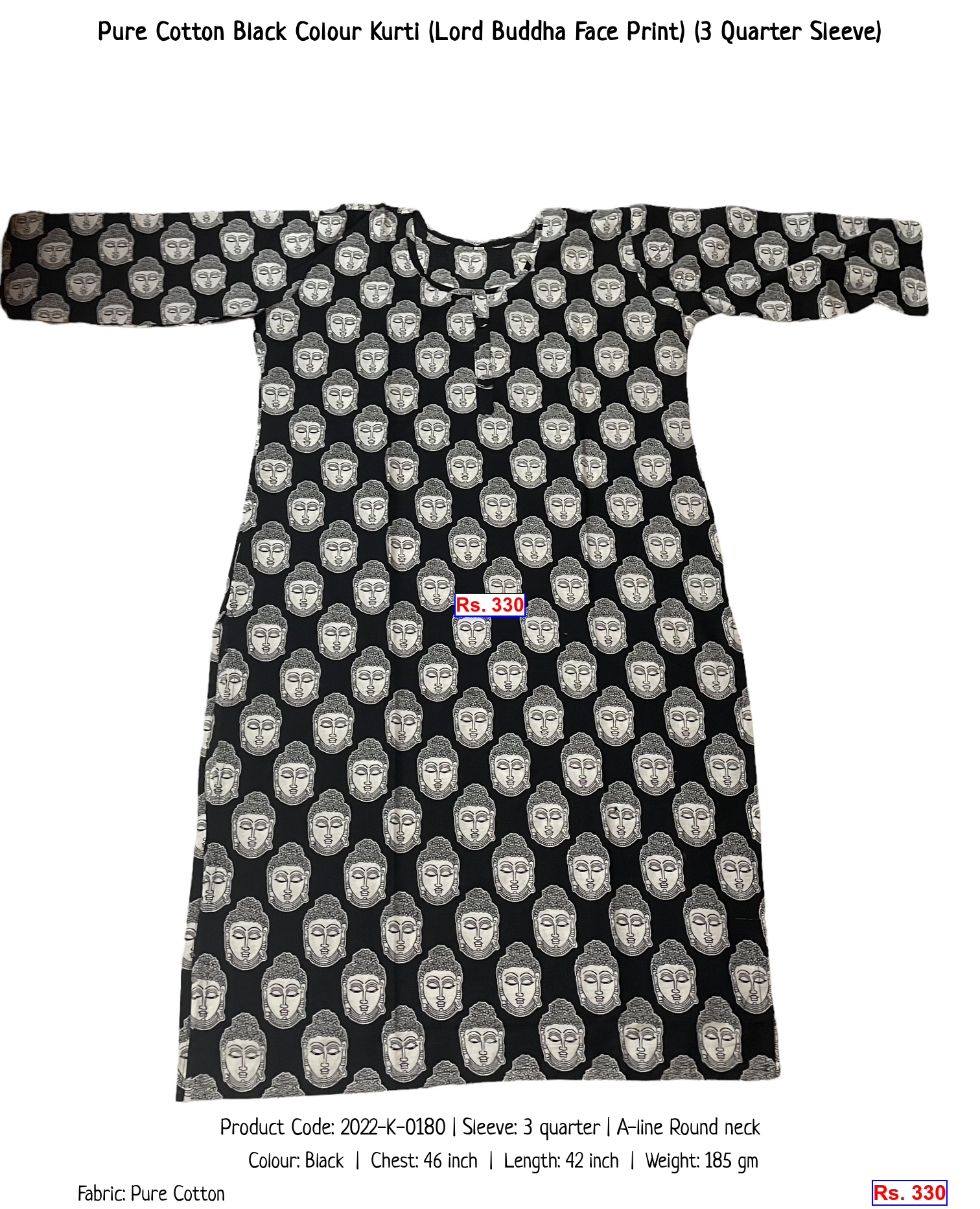 Pure Cotton Black Colour Kurti (Lord Buddha Face Print) (3 Quarter Sleeve)