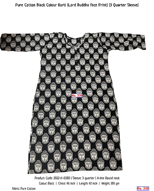 Pure Cotton Black Colour Kurti (Lord Buddha Face Print) (3 Quarter Sleeve) | Rs. 330