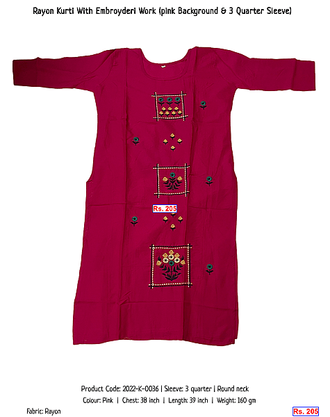 48-rayon-kurti-with-embroyderi-work-pink-background-3-quarter-sleeve | Rs. 205