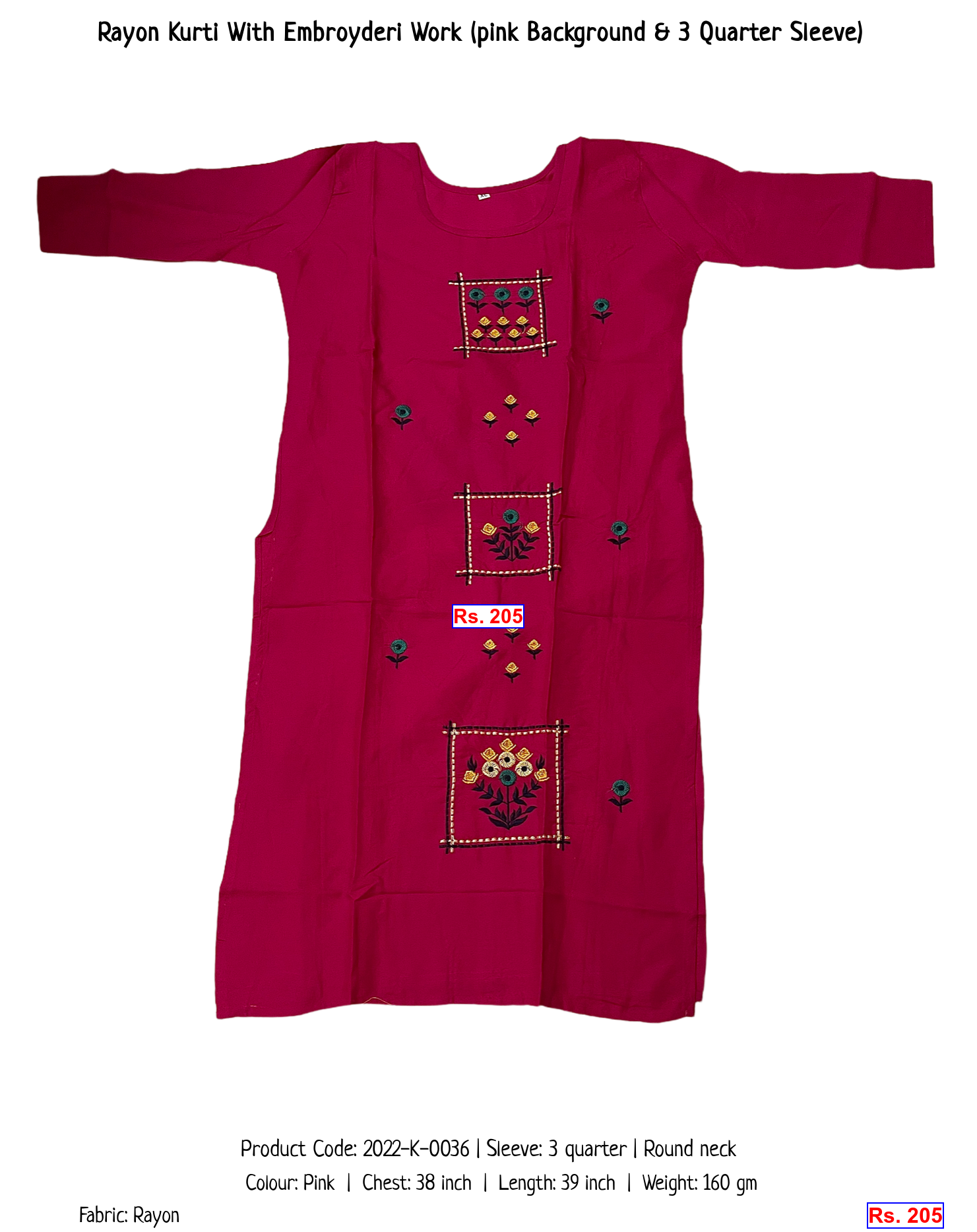 Rayon Kurti With Embroyderi Work (pink Background & 3 Quarter Sleeve)