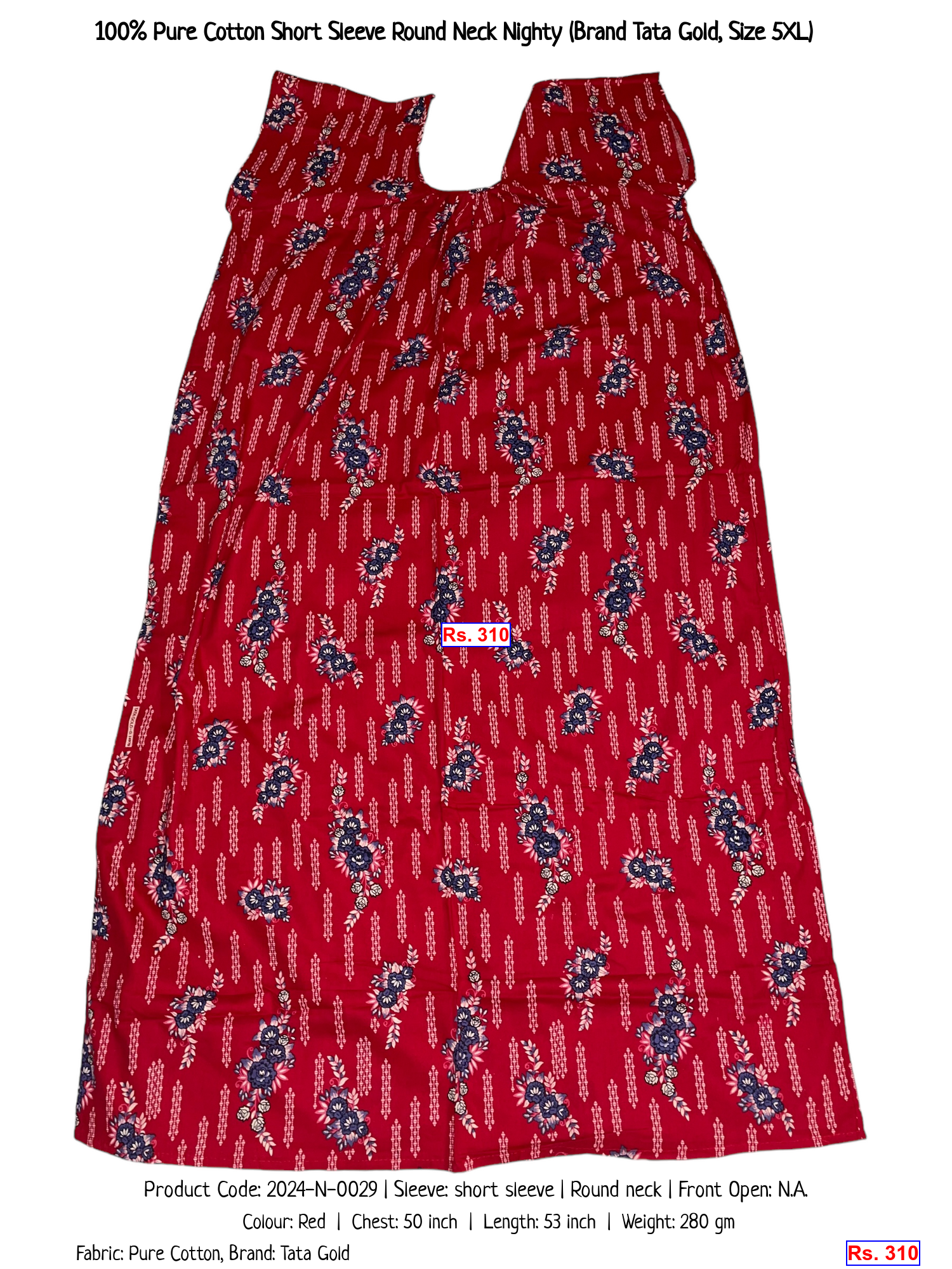 100% Pure Cotton Short Sleeve Round Neck Nighty (Brand Tata Gold, Size 5XL)