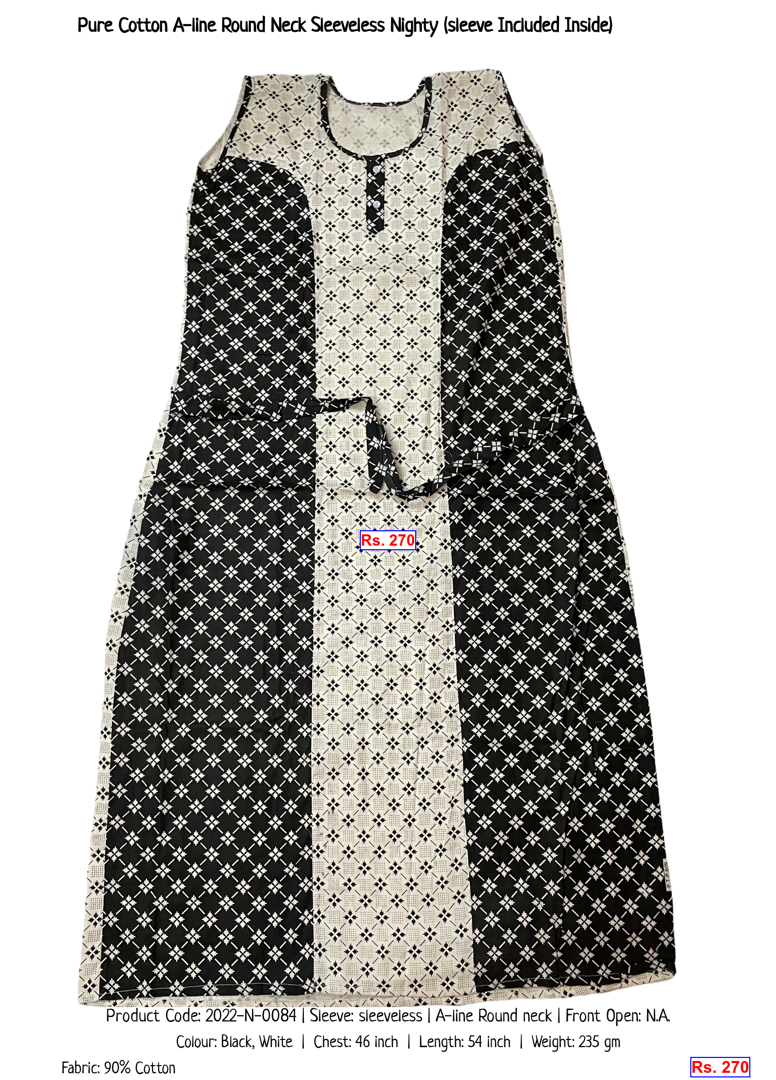 Pure Cotton A-line Round Neck Sleeveless Nighty (sleeve Included Inside)