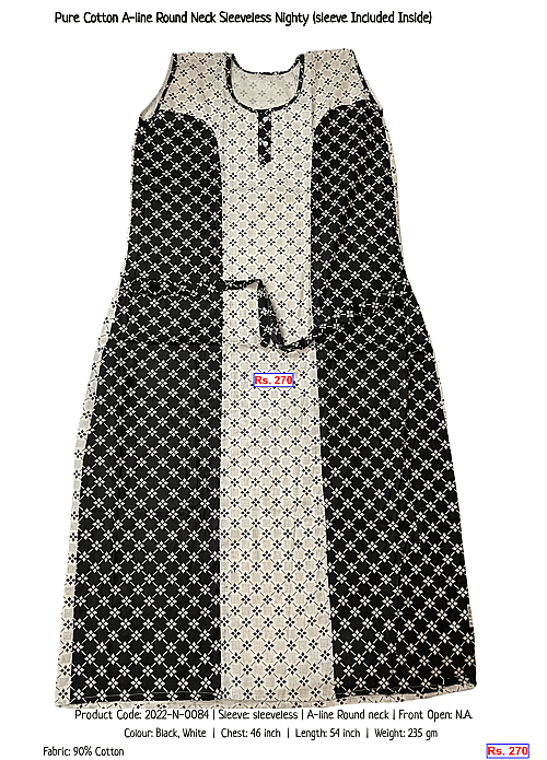 Pure Cotton A-line Round Neck Sleeveless Nighty (sleeve Included Inside) | Rs. 270