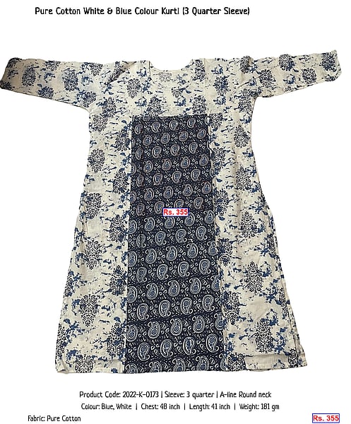 332-pure-cotton-white-blue-colour-kurti-3-quarter-sleeve | Rs. 355