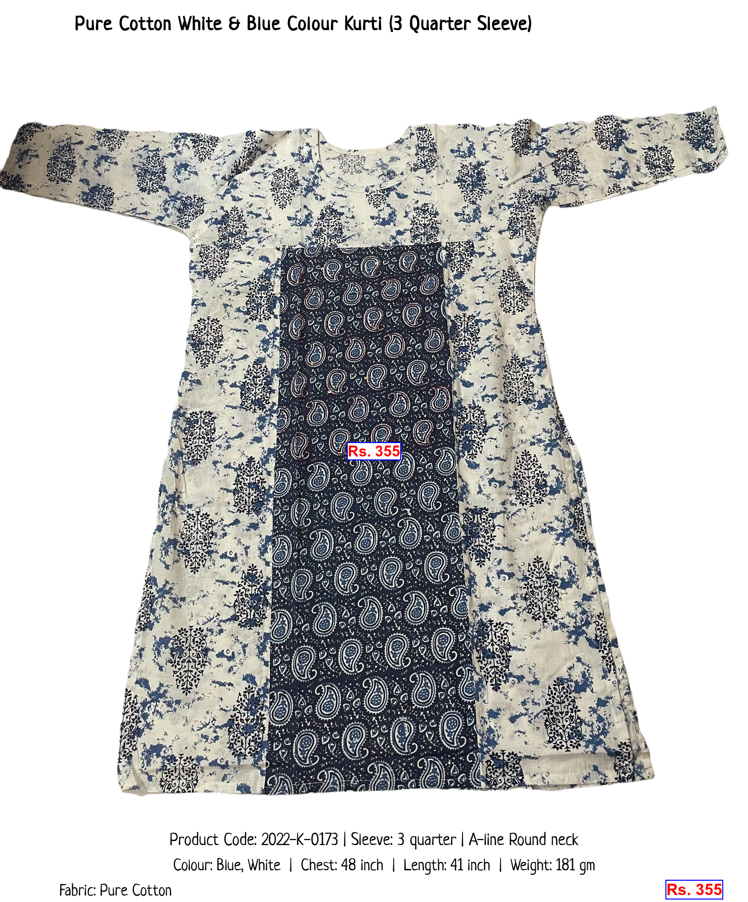 Pure Cotton White & Blue Colour Kurti (3 Quarter Sleeve)