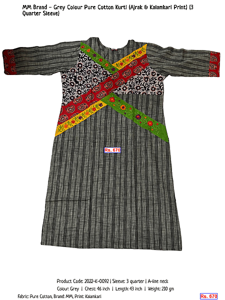 236-mm-brand-grey-colour-pure-cotton-kurti-ajrak-kalamkari-print-3-quarter-sleeve | Rs. 670