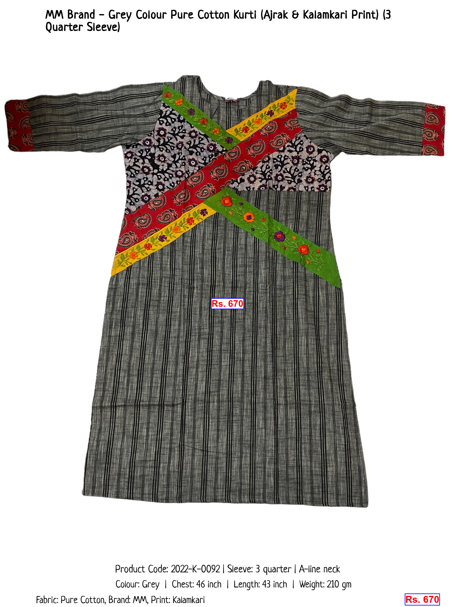 MM Brand - Grey Colour Pure Cotton Kurti (Ajrak & Kalamkari Print) (3 Quarter Sleeve)