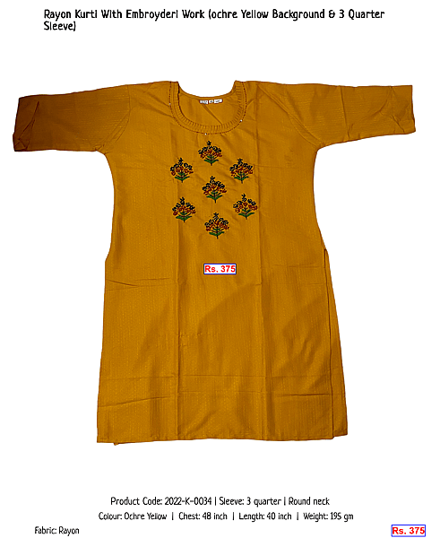 46-rayon-kurti-with-embroyderi-work-ochre-yellow-background-3-quarter-sleeve | Rs. 375