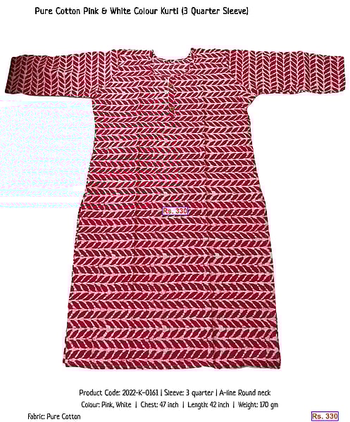 320-pure-cotton-pink-white-colour-kurti-3-quarter-sleeve | Rs. 330
