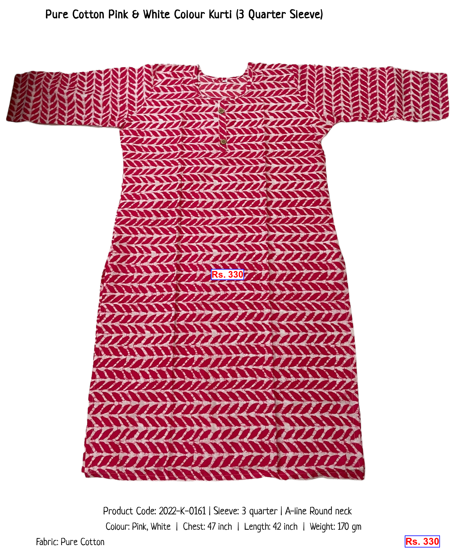 Pure Cotton Pink & White Colour Kurti (3 Quarter Sleeve)