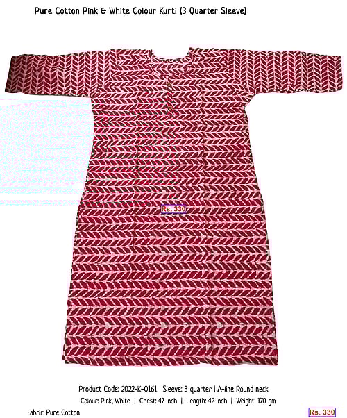 Pure Cotton Pink & White Colour Kurti (3 Quarter Sleeve) | Rs. 330