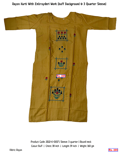49-rayon-kurti-with-embroyderi-work-buff-background-3-quarter-sleeve | Rs. 205