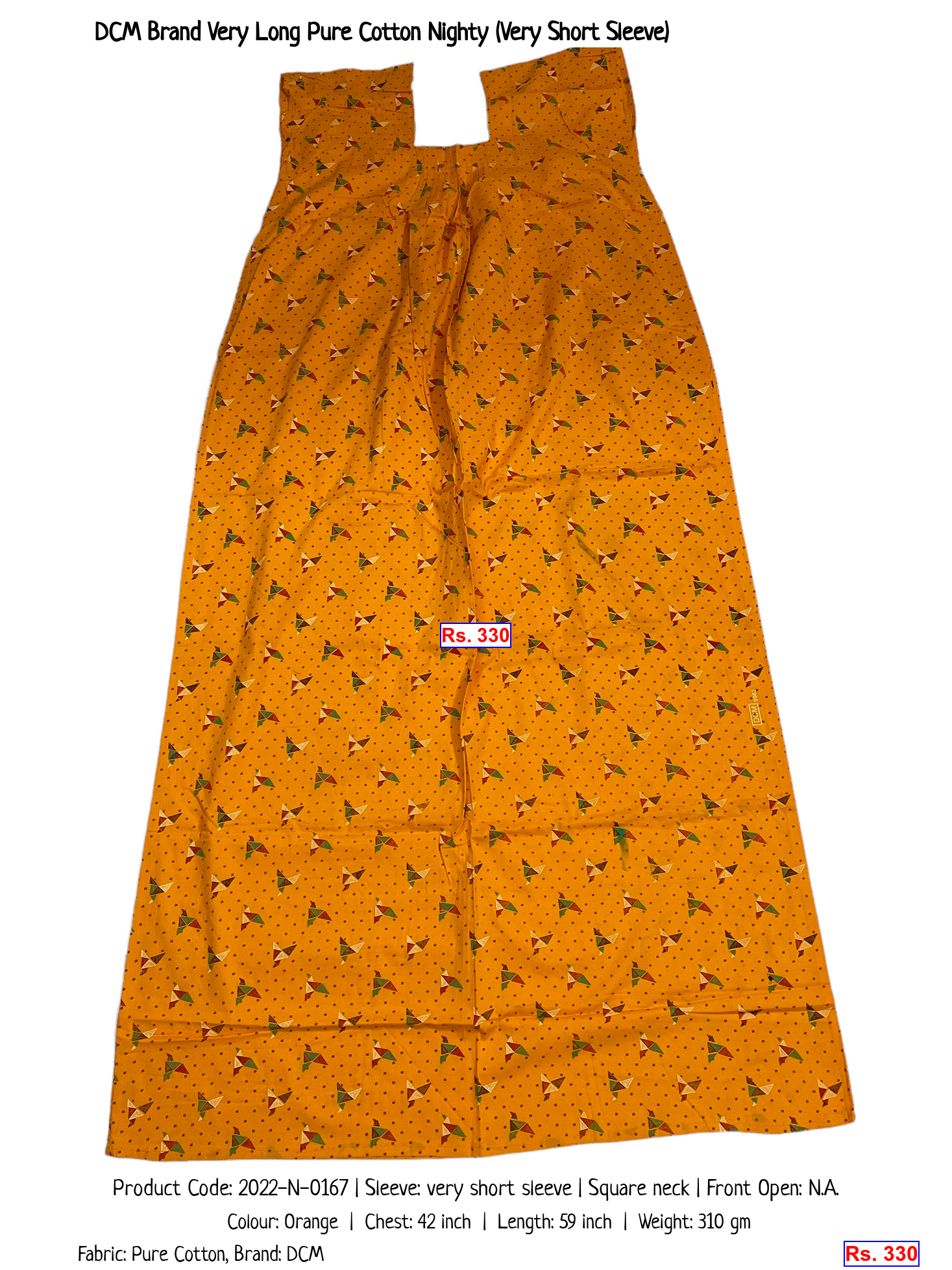 DCM Brand Very Long Pure Cotton Nighty (Very Short Sleeve)