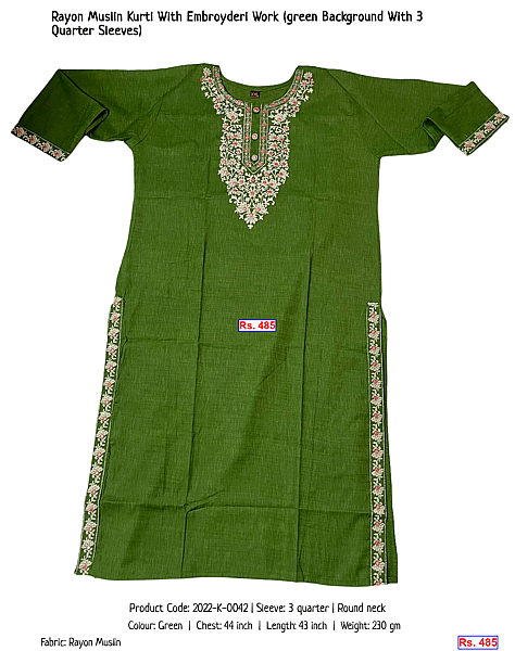 54-rayon-muslin-kurti-with-embroyderi-work-green-background-with-3-quarter-sleeves | Rs. 485