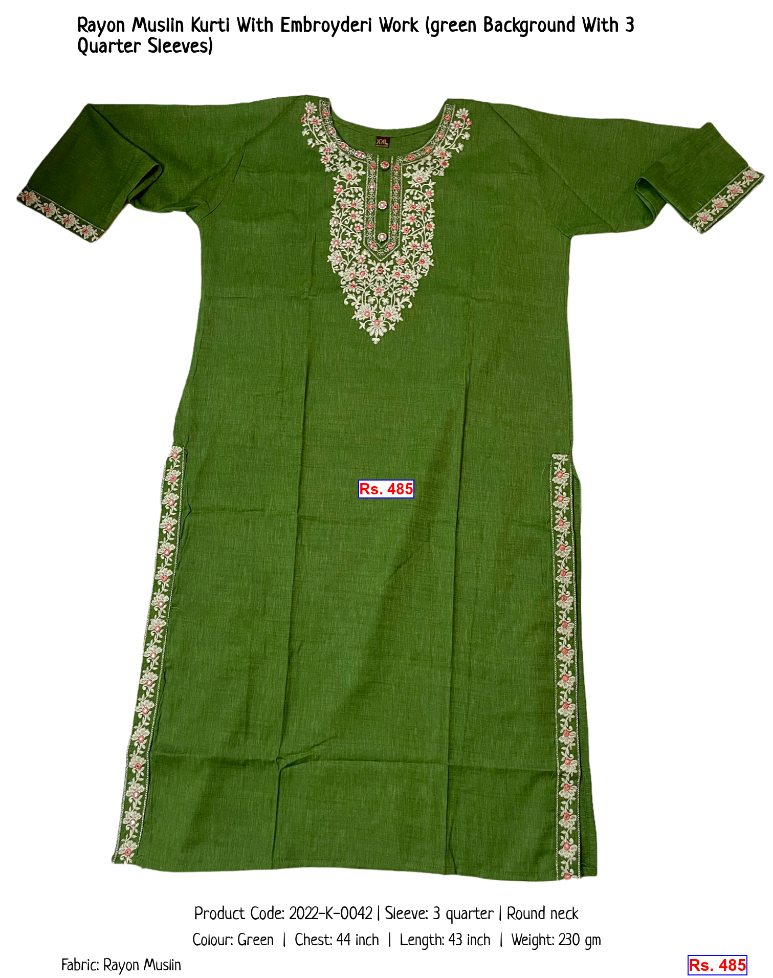 Rayon Muslin Kurti With Embroyderi Work (green Background With 3 Quarter Sleeves)