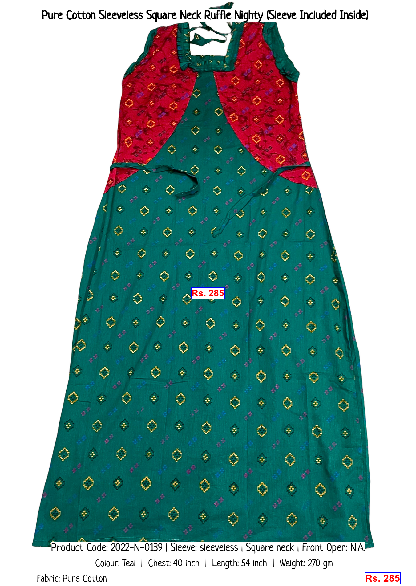 Pure Cotton Sleeveless Square Neck Ruffle Nighty (Sleeve Included Inside)