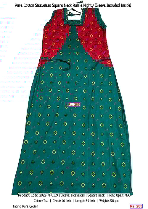 Pure Cotton Sleeveless Square Neck Ruffle Nighty (Sleeve Included Inside) | Rs. 285