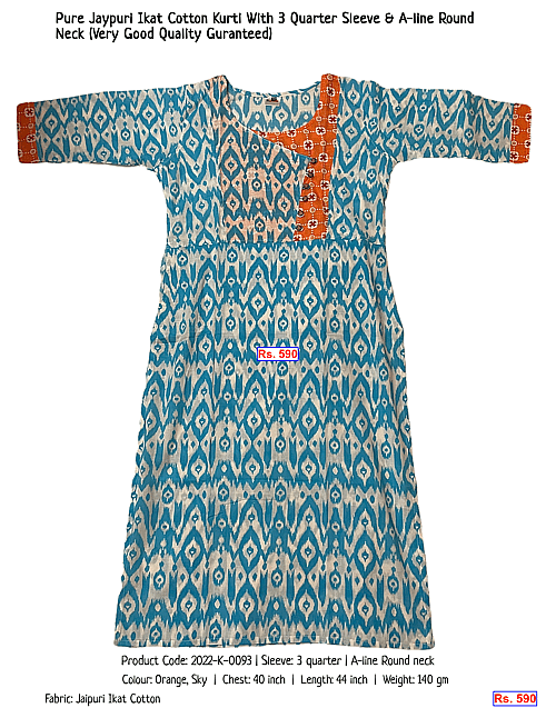 Pure Jaypuri Ikat Cotton Kurti With 3 Quarter Sleeve & A-line Round Neck (Very Good Quality Guranteed) | Rs. 590