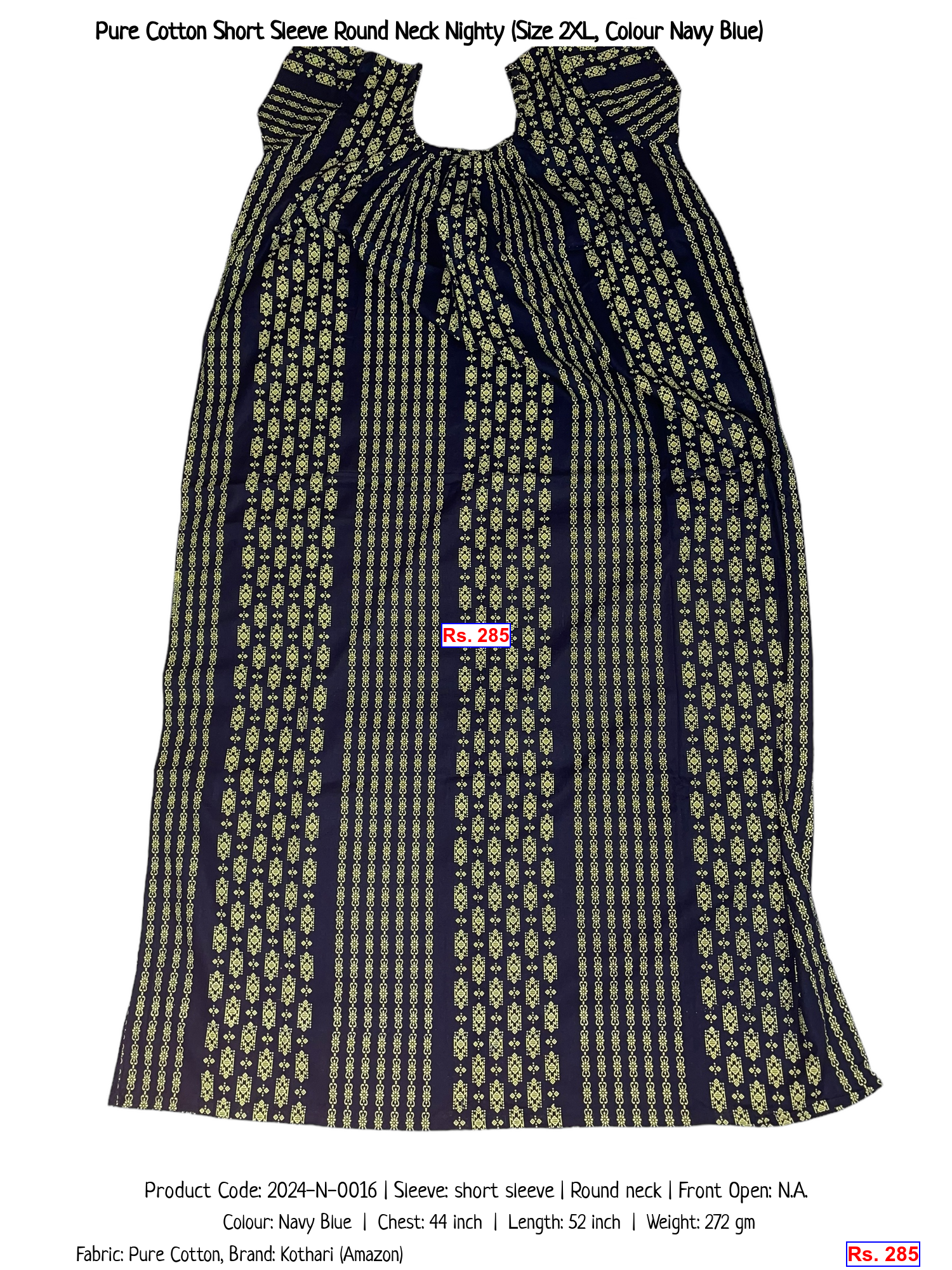 Pure Cotton Short Sleeve Round Neck Nighty (Size 2XL, Colour Navy Blue)