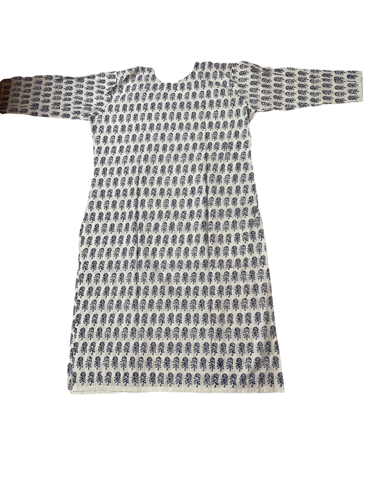 Pure Cotton White Colour Kurti With Midnight-blue Flowers Print (3 Quarter Sleeve)