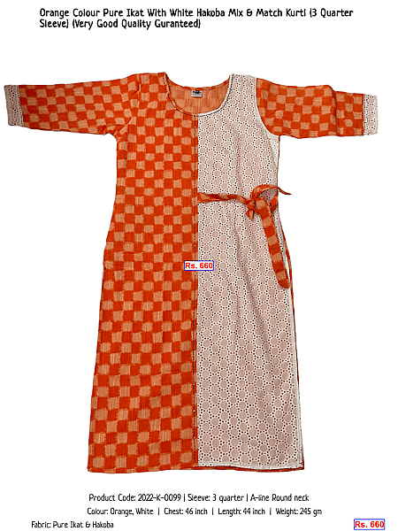 243-orange-colour-pure-ikat-with-white-hakoba-mix-match-kurti-3-quarter-sleeve-very-good-quality-guranteed | Rs. 660