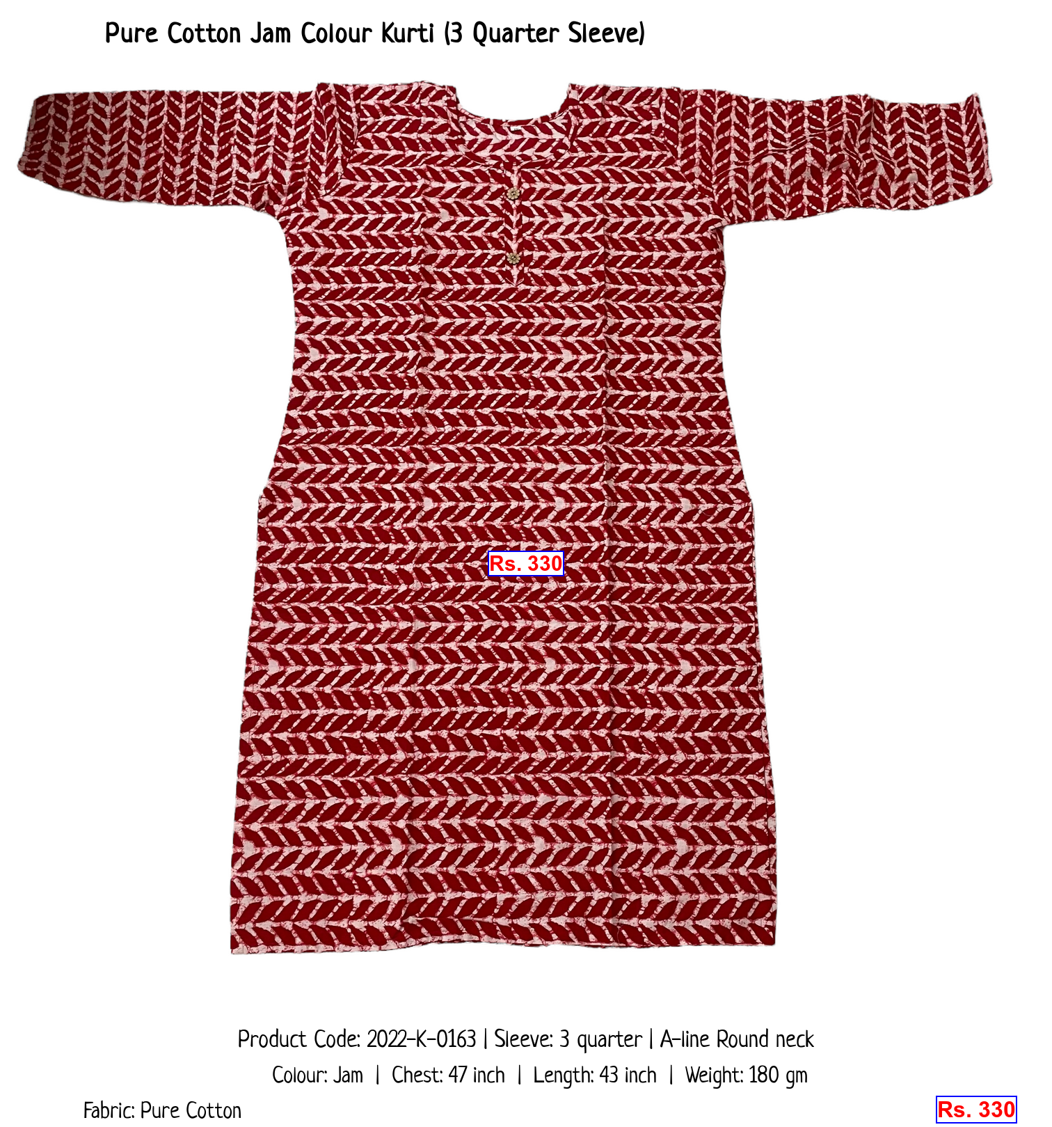 Pure Cotton Jam Colour Kurti (3 Quarter Sleeve)