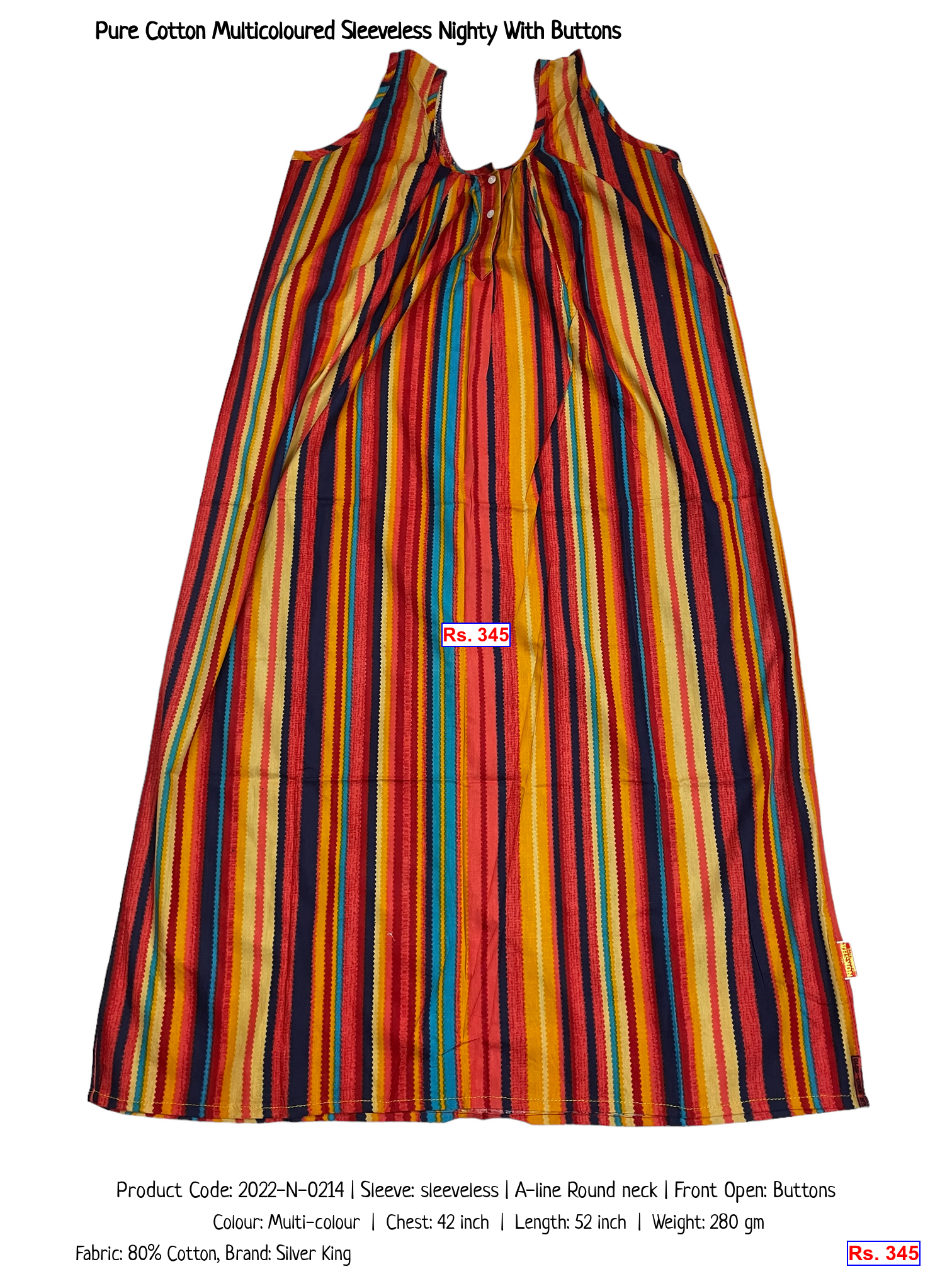 Pure Cotton Multicoloured Sleeveless Nighty With Buttons