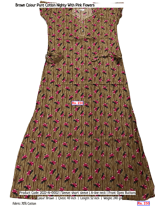 Brown Colour Pure Cotton Nighty With Pink Flowers | Rs. 230
