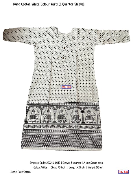 298-pure-cotton-white-colour-kurti-3-quarter-sleeve | Rs. 330