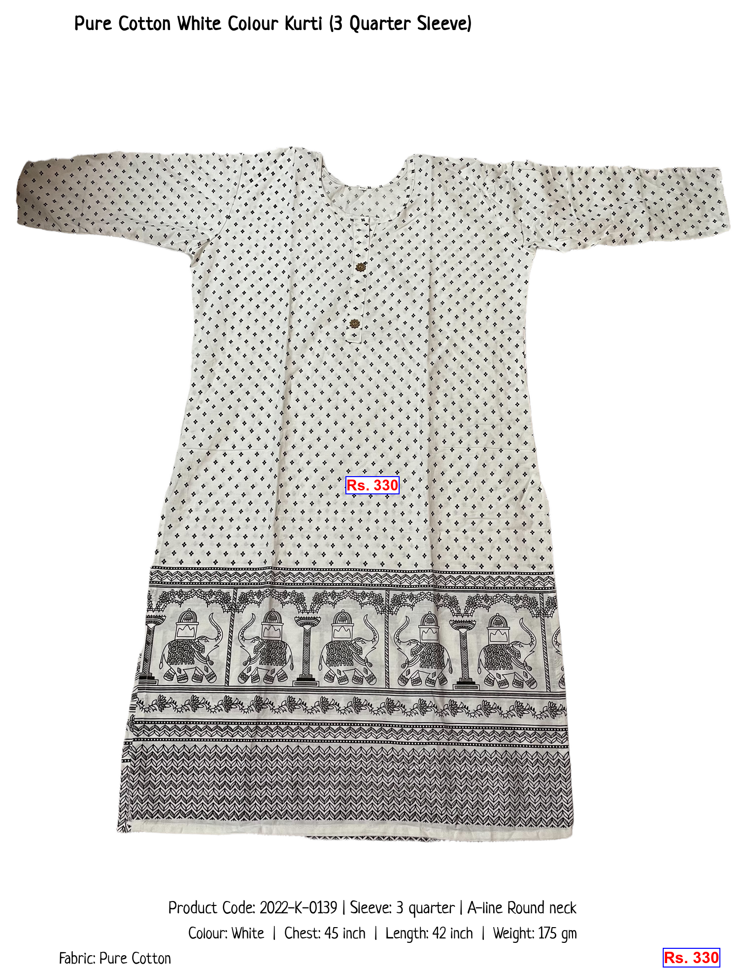 Pure Cotton White Colour Kurti (3 Quarter Sleeve)