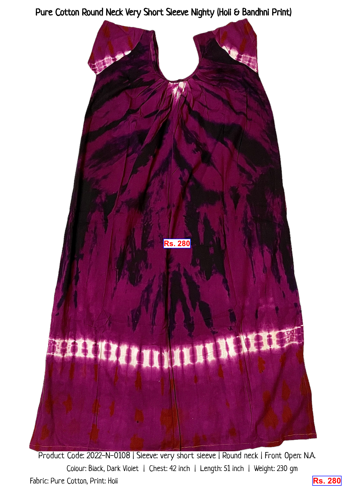 Pure Cotton Round Neck Very Short Sleeve Nighty (Holi & Bandhni Print)