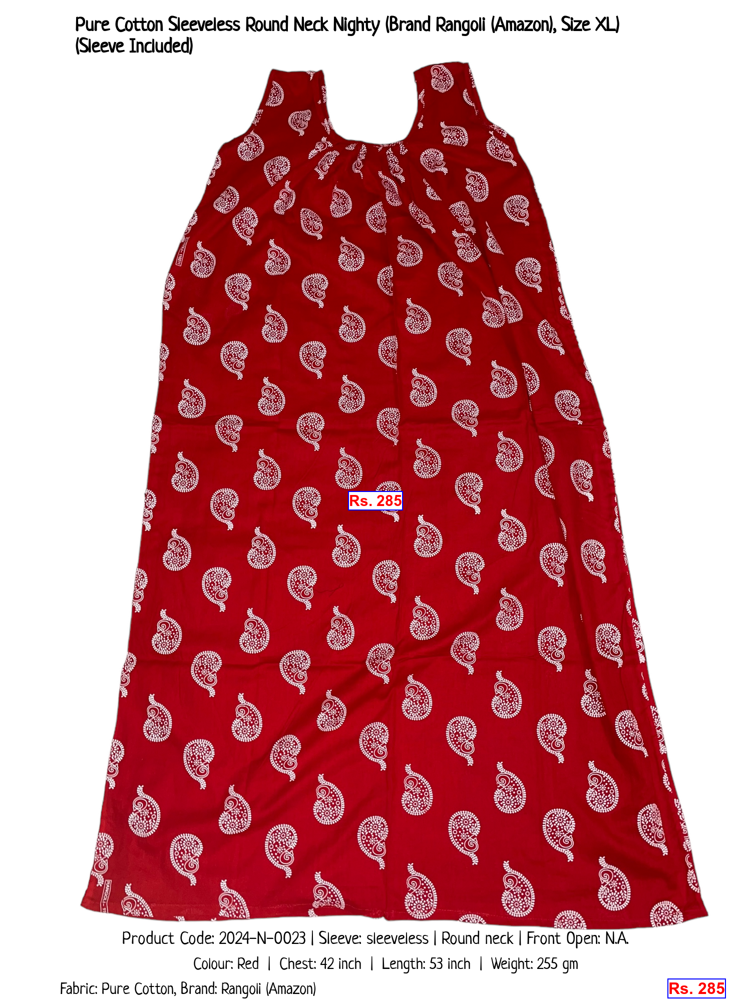 Pure Cotton Sleeveless Round Neck Nighty (Brand Rangoli (Amazon), Size XL) (Sleeve Included)