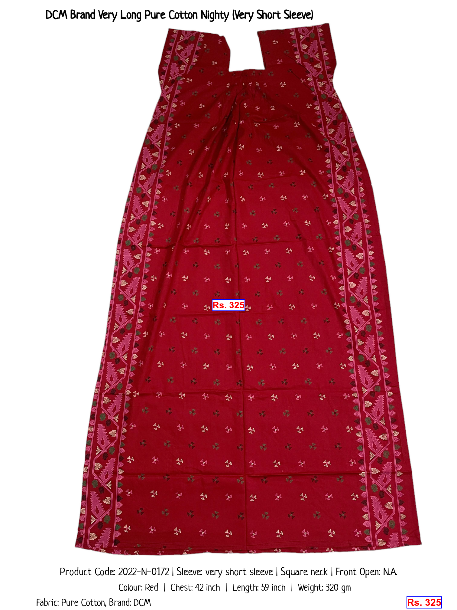 DCM Brand Very Long Pure Cotton Nighty (Very Short Sleeve)